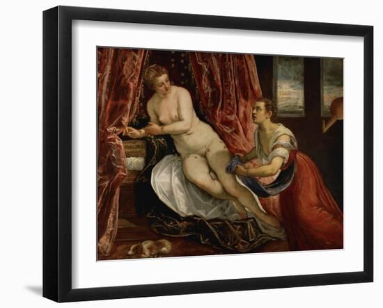 Danae, While Gold Coins Pour Down on Danae, a Servant Tries to Catch Some of Them in Her Apron-Jacopo Robusti Tintoretto-Framed Giclee Print