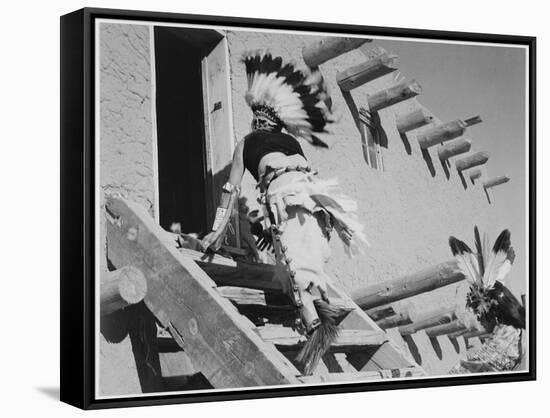 Dance San Ildefonso Pueblo New Mexico 1942 Two Indians In Headdress Ascending Stairs To House 1942-Ansel Adams-Framed Stretched Canvas