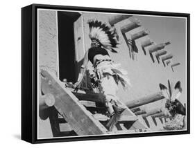 Dance San Ildefonso Pueblo New Mexico 1942 Two Indians In Headdress Ascending Stairs To House 1942-Ansel Adams-Framed Stretched Canvas