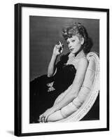 Dancer/Actress Lucille Ball in Strapless Black Lace Evening Dress, Holding Lit Cigarette on Couch-John Florea-Framed Premium Photographic Print