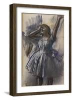 Dancer stretching. Around 1882-1885. Pastel on pale blue-grey paper.-Edgar Degas-Framed Giclee Print