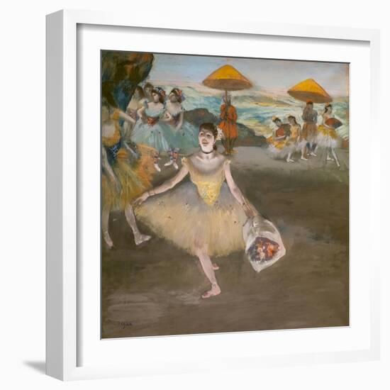Dancer with a saluting bouquet. 1878. Pastel on velin paper maroufle on canvas.-Edgar Degas-Framed Giclee Print