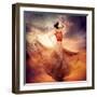 Dancing Fashion Woman Wearing Blowing Long Chiffon Dress-Subbotina Anna-Framed Art Print