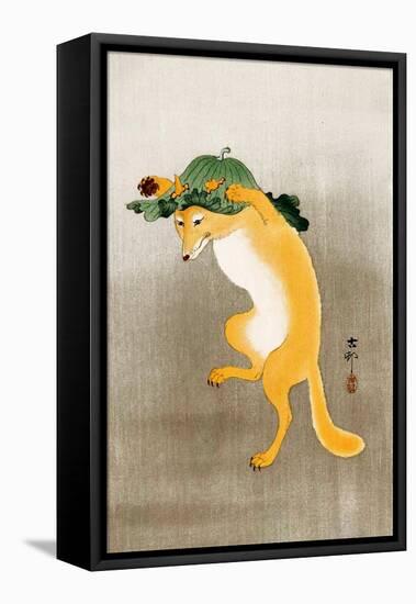 Dancing Fox with Lotus-Leaf Hat-Koson Ohara-Framed Stretched Canvas
