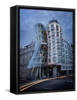 Dancing House (Fred and Ginger Building), by Frank Gehry, at Dusk, Prague, Czech Republic-Nick Servian-Framed Stretched Canvas