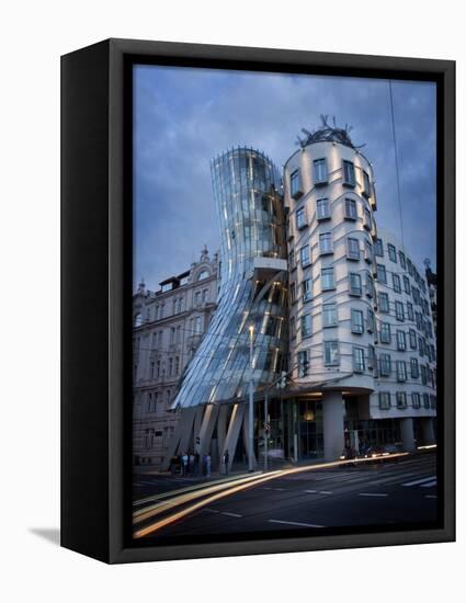 Dancing House (Fred and Ginger Building), by Frank Gehry, at Dusk, Prague, Czech Republic-Nick Servian-Framed Stretched Canvas