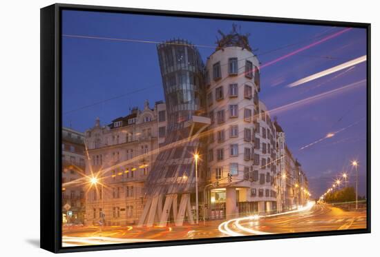 Dancing House (Ginger and Fred) by Frank Gehry, at Night, Prague, Czech Republic, Europe-Angelo-Framed Stretched Canvas