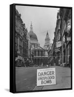 Danger Unexploded Bomb Sign at Cordoned Off Area in Front of St. Paul's Church-Hans Wild-Framed Stretched Canvas