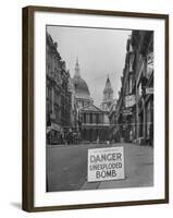 Danger Unexploded Bomb Sign at Cordoned Off Area in Front of St. Paul's Church-Hans Wild-Framed Photographic Print