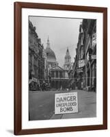 Danger Unexploded Bomb Sign at Cordoned Off Area in Front of St. Paul's Church-Hans Wild-Framed Photographic Print