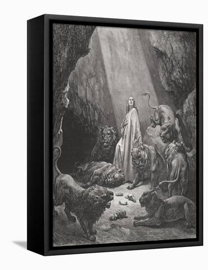 Daniel in the Den of Lions, Daniel 6:16-17, Illustration from Dore's 'The Holy Bible', Engraved…-Gustave Doré-Framed Stretched Canvas