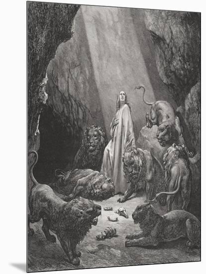 Daniel in the Den of Lions, Daniel 6:16-17, Illustration from Dore's 'The Holy Bible', Engraved…-Gustave Doré-Mounted Giclee Print