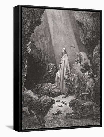 Daniel in the Den of Lions, Daniel 6:16-17, Illustration from Dore's 'The Holy Bible', Engraved…-Gustave Doré-Framed Stretched Canvas