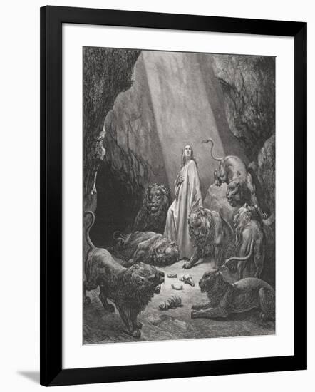 Daniel in the Den of Lions, Daniel 6:16-17, Illustration from Dore's 'The Holy Bible', Engraved…-Gustave Doré-Framed Giclee Print