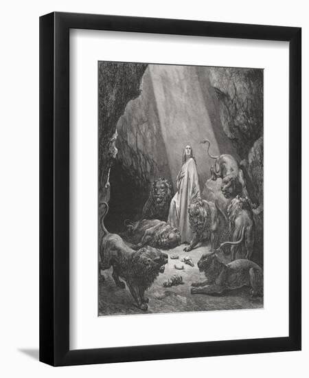 Daniel in the Den of Lions, Daniel 6:16-17, Illustration from Dore's 'The Holy Bible', Engraved…-Gustave Doré-Framed Premium Giclee Print