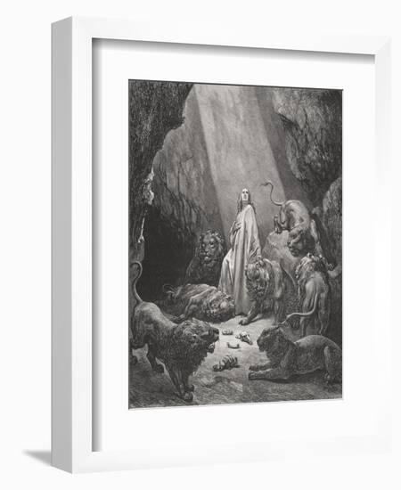 Daniel in the Den of Lions, Daniel 6:16-17, Illustration from Dore's 'The Holy Bible', Engraved…-Gustave Doré-Framed Premium Giclee Print