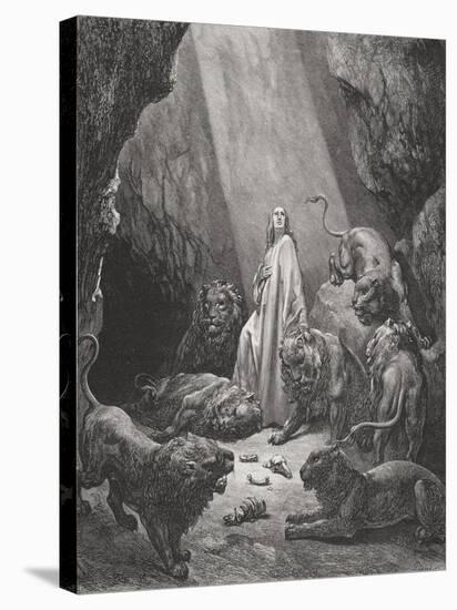 Daniel in the Den of Lions, Daniel 6:16-17, Illustration from Dore's 'The Holy Bible', Engraved…-Gustave Doré-Stretched Canvas