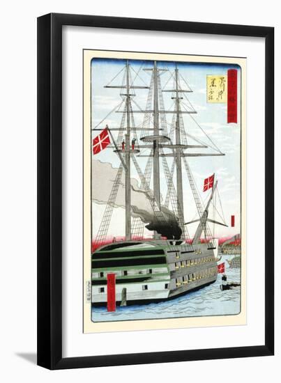 Danish Black Ship Off Shinagawa.-Hiroshige Utagawa-Framed Art Print