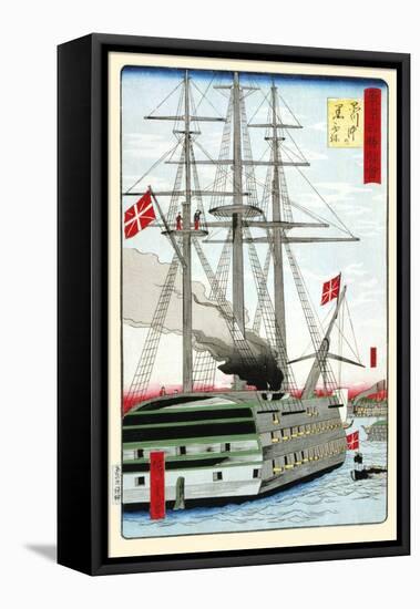 Danish Black Ship Off Shinagawa.-Hiroshige Utagawa-Framed Stretched Canvas