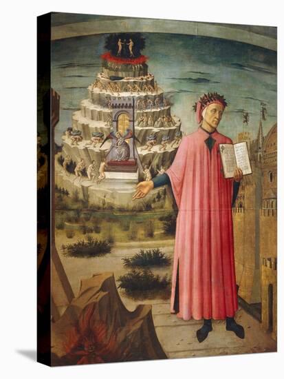 Dante Alighieri with Divine Comedy in His Hand and Mountains of Purgatory in Background-Dante Alighieri-Stretched Canvas