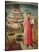 Dante Alighieri with Divine Comedy in His Hand and Mountains of Purgatory in Background-Dante Alighieri-Stretched Canvas