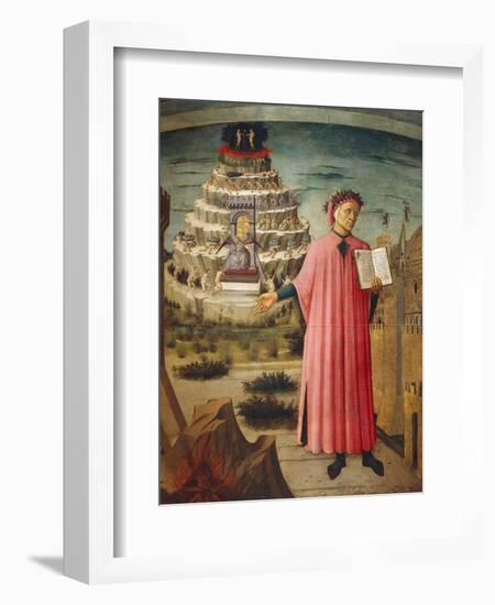 Dante Alighieri with Divine Comedy in His Hand and Mountains of Purgatory in Background-Dante Alighieri-Framed Giclee Print