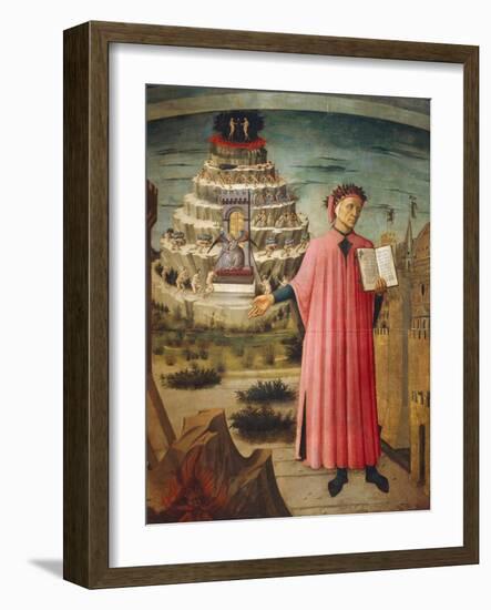 Dante Alighieri with Divine Comedy in His Hand and Mountains of Purgatory in Background-Dante Alighieri-Framed Giclee Print