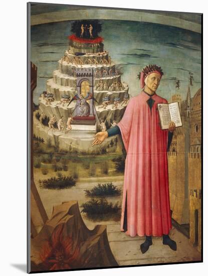 Dante Alighieri with Divine Comedy in His Hand and Mountains of Purgatory in Background-Dante Alighieri-Mounted Giclee Print