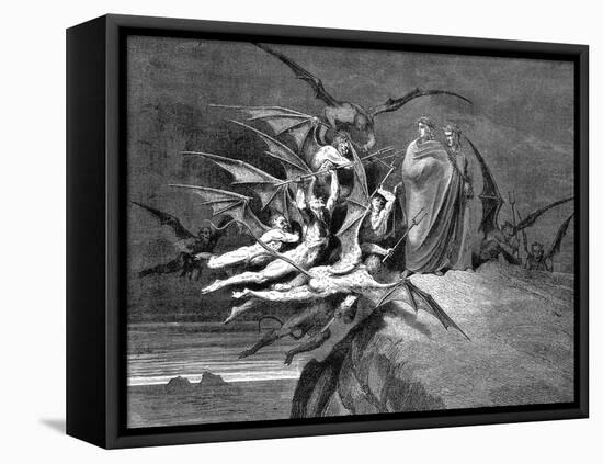 Dante and Virgil Beset by Demons on their Passage Through the Eighth Circle, 1861-Gustave Doré-Framed Stretched Canvas