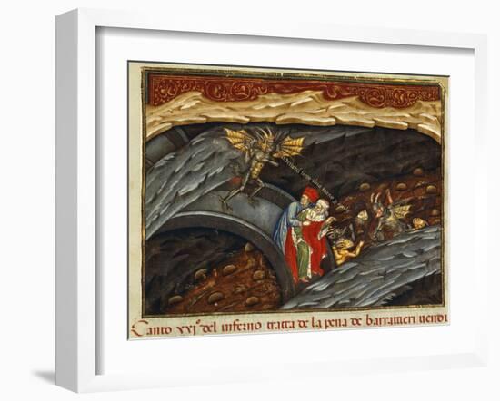 Dante and Virgil in Pit of Swindlers, Inferno, Canto XXI, Miniature from Divine Comedy-Dante Alighieri-Framed Giclee Print