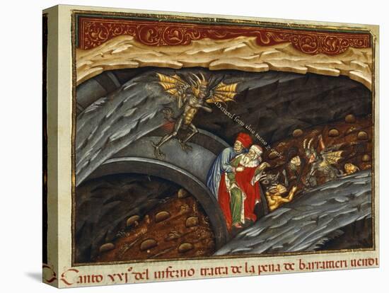 Dante and Virgil in Pit of Swindlers, Inferno, Canto XXI, Miniature from Divine Comedy-Dante Alighieri-Stretched Canvas