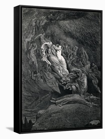 Dante and Virgil with Paolo and Francesca, Illustration to Inferno, Canto V of Divine Comedy-Dante Alighieri-Framed Stretched Canvas