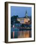 Danube River Barge and Stari Grad, Sava River, Belgrade, Serbia-Walter Bibikow-Framed Photographic Print