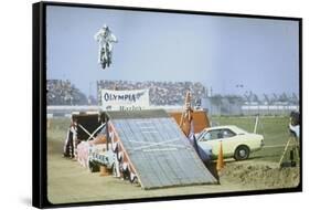 Daredevil Motorcyclist Evel Knievel Rising Very High Off Platform During Performance of a Stunt-Bill Eppridge-Framed Stretched Canvas