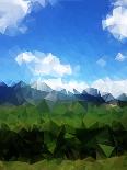 Abstract Polygonal Landscape Background with Gray Mountains, Clouds, Blue Sky and Deep Green Forest-Daria Iva-Art Print