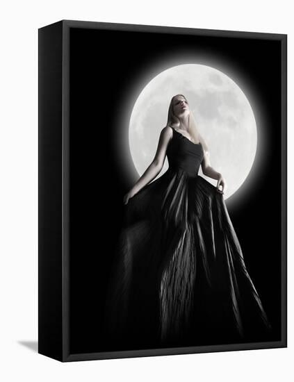 Dark Night Moon Girl With Black Dress-Angela Waye-Framed Stretched Canvas