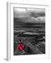 Dark storm clouds over Dead Horse Point State Park with girl in red dress standing near the cliff-David Chang-Framed Photographic Print