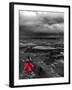 Dark storm clouds over Dead Horse Point State Park with girl in red dress standing near the cliff-David Chang-Framed Photographic Print