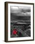 Dark storm clouds over Dead Horse Point State Park with girl in red dress standing near the cliff-David Chang-Framed Photographic Print