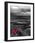 Dark storm clouds over Dead Horse Point State Park with girl in red dress standing near the cliff-David Chang-Framed Photographic Print