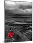 Dark storm clouds over Dead Horse Point State Park with girl in red dress standing near the cliff-David Chang-Mounted Photographic Print