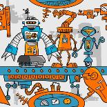 Seamless Pattern Cartoon Robots on the Assembly Line-DarkInk-Framed Stretched Canvas