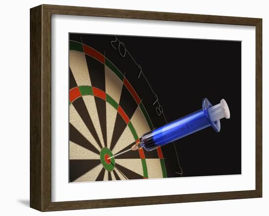 Dartboard with a Medical Syringe in Center Target-null-Framed Art Print