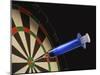 Dartboard with a Medical Syringe in Center Target-null-Mounted Art Print