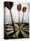 Darts on a Dartboard with Stock Figures in the Background-null-Stretched Canvas