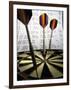 Darts on a Dartboard with Stock Figures in the Background-null-Framed Premium Photographic Print