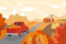 Autumn Countryside Landscape with a Red Car with Pumpkins on the Road-Darya Yahmina-Photographic Print