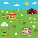 Rustic Plot with House, Vegetable Garden and Farm in Summer. Livestock Supplies: Cow, Goat, Sheep,-DaryaSuperman-Art Print