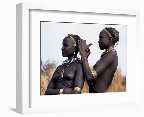 Dassanech Girl Braids Her Sister's Hair at Her Village in the Omo Delta-John Warburton-lee-Framed Photographic Print