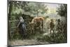 Daughter of a Farmer Bringing the Cattle (Herd of Cows) Back to the Farm. Colourful Engraving of Th-null-Mounted Giclee Print